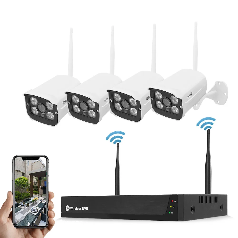 

Набор уличных камер видеонаблюдения JideTech, 4 канала, Wi-Fi, с водонепроницаемостью IP66, с ИК-подсветкой, функцией ночного видения и записью звука