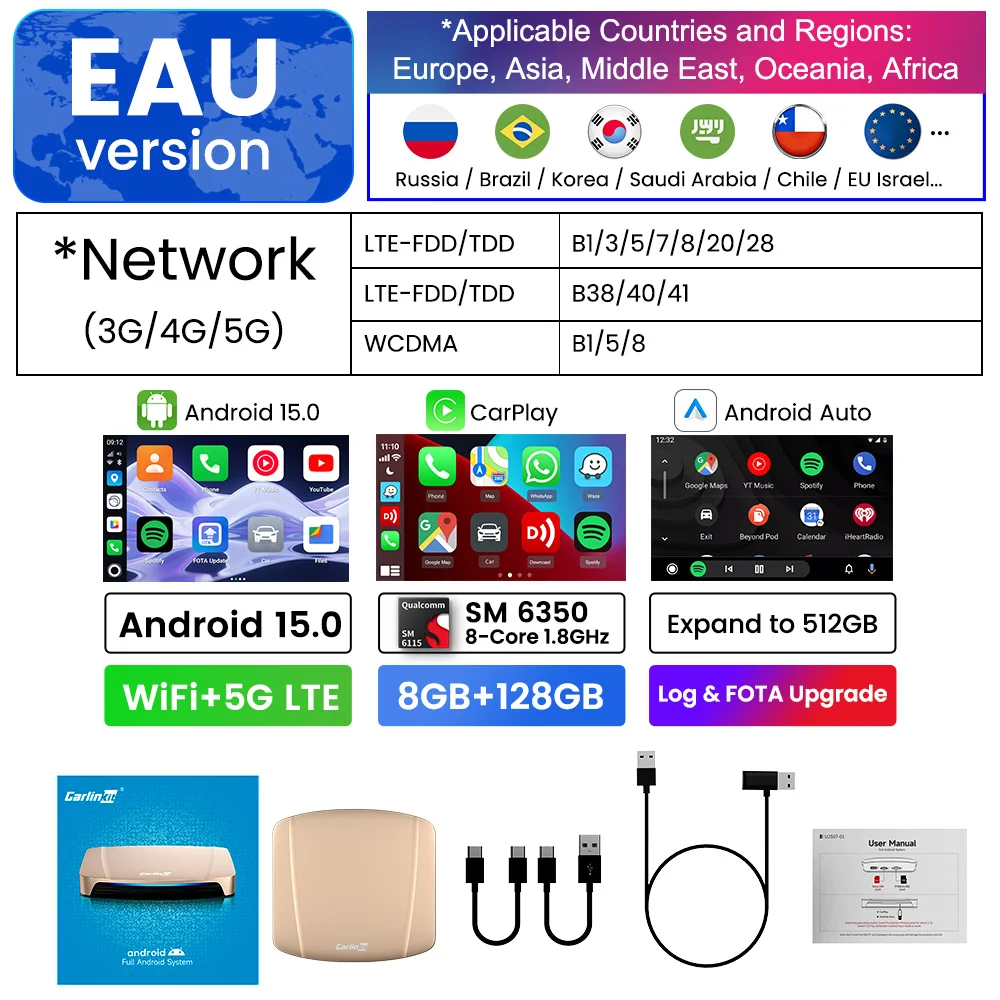 2026 CarlinKit Ultra Android 15 TV Box SM6350 Беспроводной адаптер CarPlay Android Auto 4G LTE GPS 8 + 256G 128G для Youtube Netflix