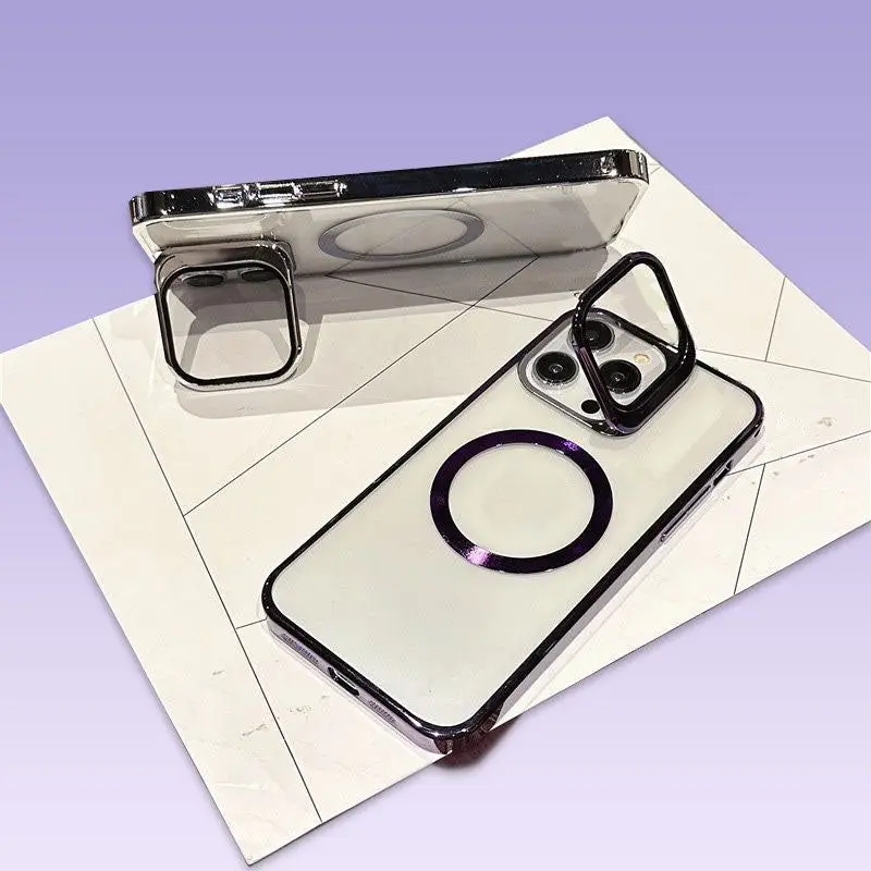 

Чехол для телефона с гальваническим покрытием и крышкой камеры для iPhone 14 13 Pro Max, чехол-подставка, прозрачный матовый чехол для телефона с покрытием