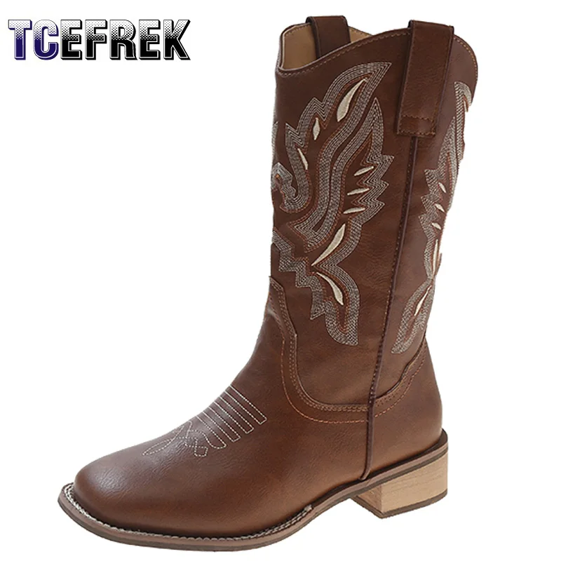 

New High Quality Embroider Women Boots Med Heels Retro Knight Boots Female Genuine Leather Botas Mujer Western Cowboy Sale Boots
