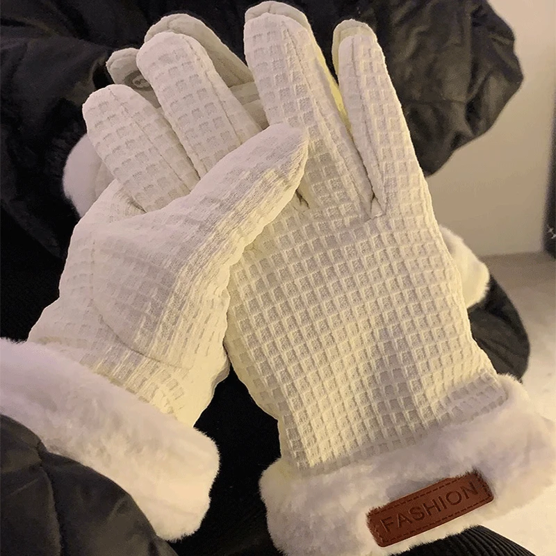 

Зимние теплые вафельные стильные перчатки, плюшевые флисовые утолщенные ветрозащитные перчатки с защитой от холода для активного отдыха и велоспорта, перчатки с закрытыми пальцами