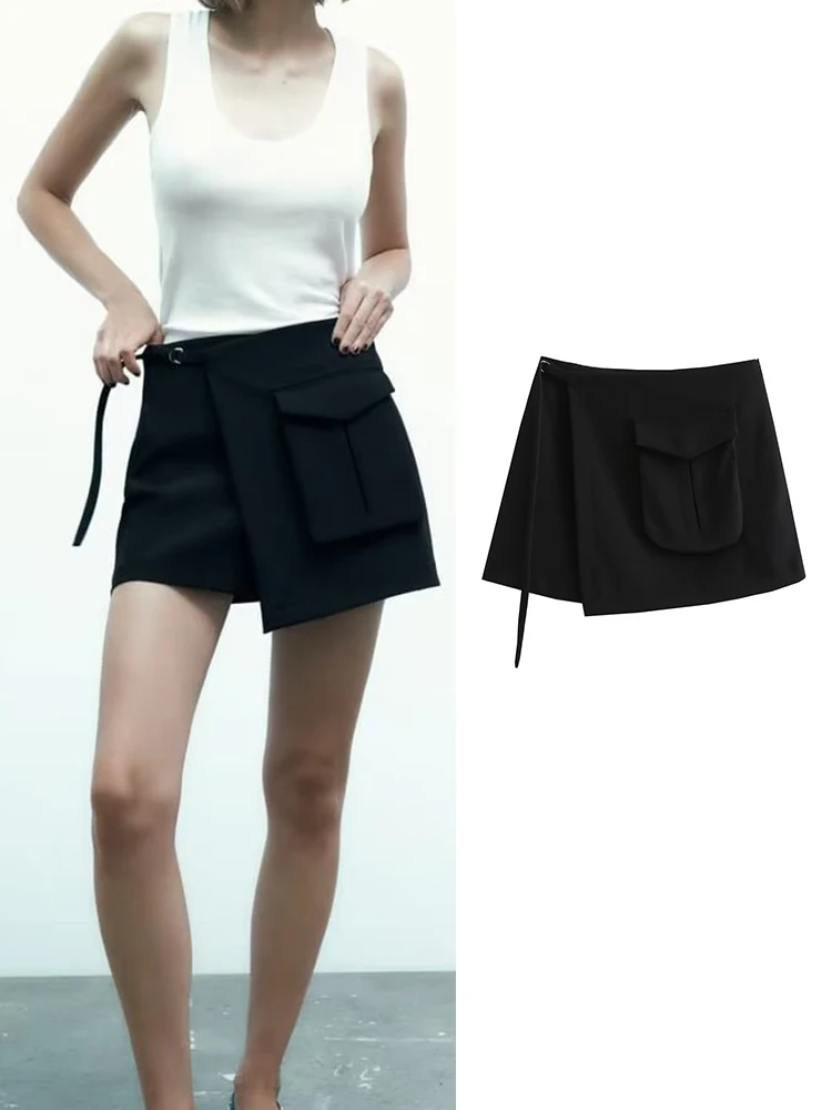 

Женская мини-юбка с карманами, модная черная короткая офисная юбка с украшением, лето 2023