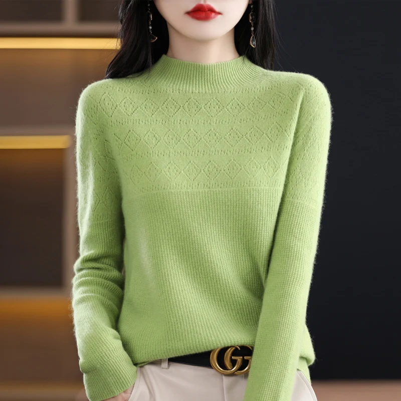 

First-Line Ready-To-Wear Half Height Collar Bottoming Shirt 100%Pure Cashmere Sweater Women'sAutumn Winter New Hollow Pullover