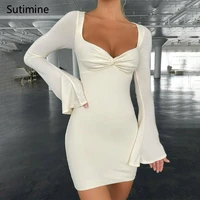 european and american womens spring new solid color square collar trumpet sleeves slim sexy hip dress