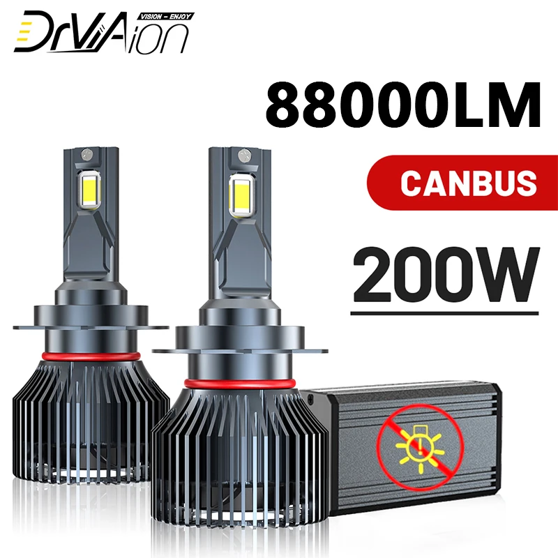 DrViAion светодиодный H4 H7 CANBUS автомобильные фары H1 H8 H11 HB3 9005 HB4 9006 9004 9007 H13 200W 88000LM 6000K, белые Автомобильные противотуманные лампы