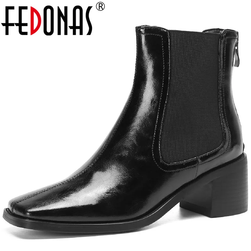 

FEDONAS Autumn Winter Basic Women Ankle Boots Office Ladies Square Toe Thick Heels Vintage Concise Genuine Leather Shoes Woman