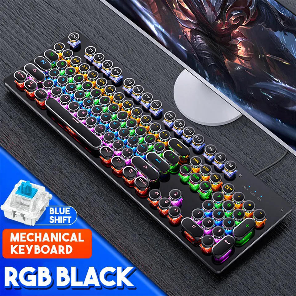 

Механическая клавиатура в стиле ретро, панк, RGB подсветка, для ПК, геймеров, синий переключатель, 104 клавиш, USB, голубой вал, Проводная игровая ...