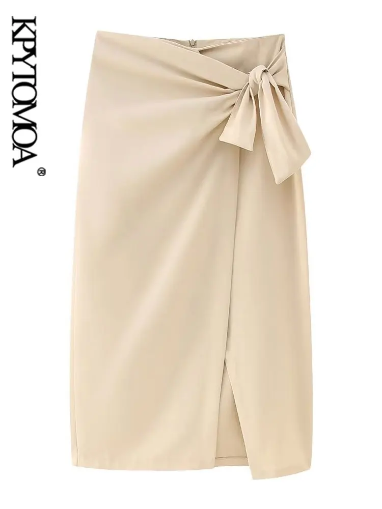 

KPYTOMOA Женская мода с узлом спереди разрез миди юбка винтажная Высокая талия сзади молния женские юбки Mujer