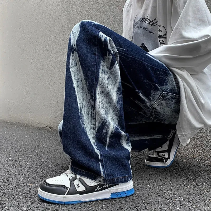Vintage Pants Trendy Tie Dye Gradient Straight Y2k Baggy Jeans Men American High Street Loose Drape Wide-Leg Pants Man