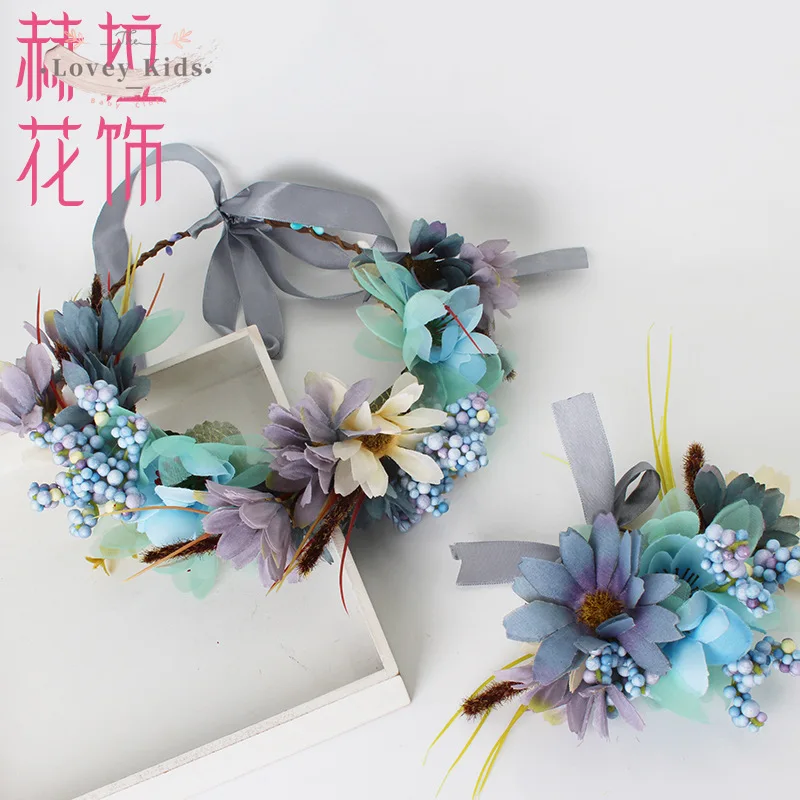 

Flower Floral Crown Baby Girl Headbands Wedding Boho Headpiece with Wristband 2PCS Set Hair Wreath Headdress Accessories