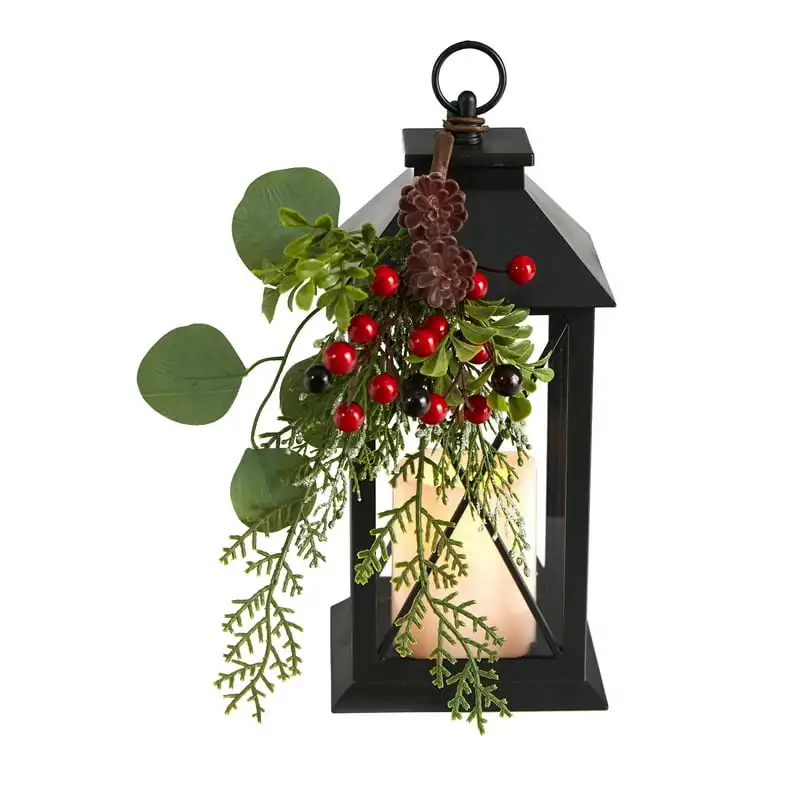 

Berries and Greenery Metal Lantern Artificial Table Christmas Arrangement with LED Candle Included