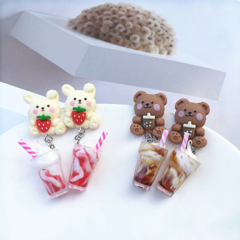 

Fashion New Creative Handmade Cartoon Cute Ice Cream Pearl Milk Tea Bear Strawberry Rabbit Earrings for Women Jewelry Gift