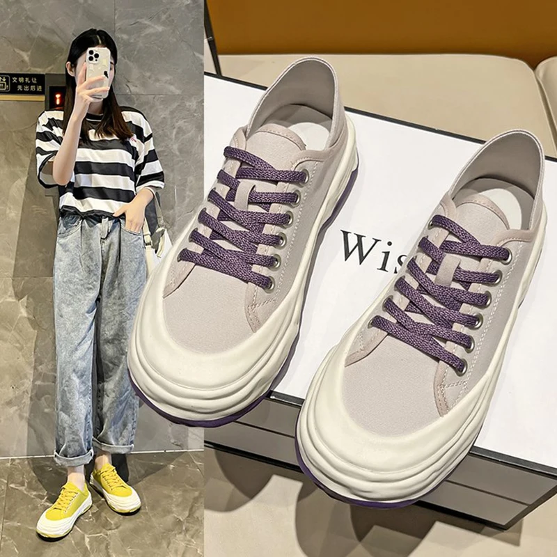 

Women Korean Shoes Round Toe All-Match Casual Female Sneakers Espadrilles Platform Creepers 2022 Cross Small Summer Clogs Breath