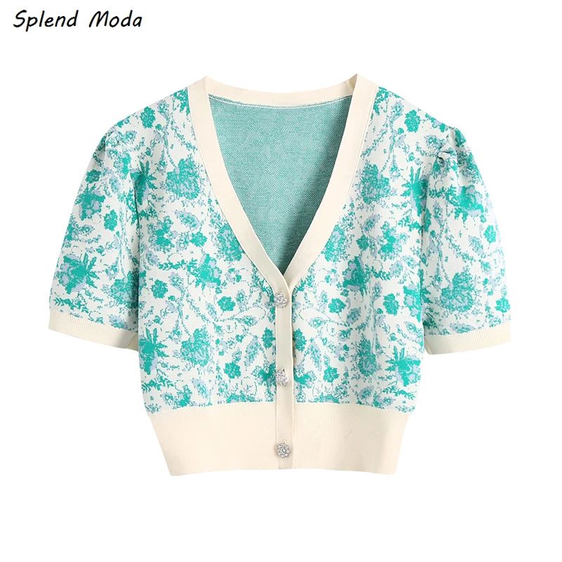 

Splend Moda 2021 Summer V-Neck Short-Sleeve Jacquard Short Knitted Cardigan All-Match Fashion Slim Rhinestone Button For Women