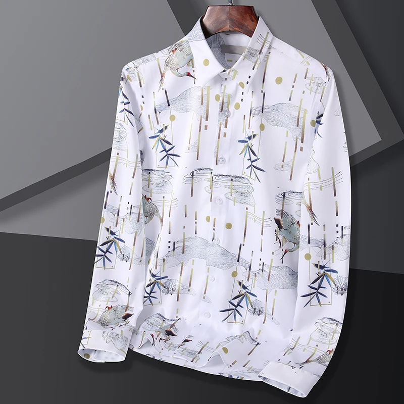 

TFETTERS Fashion Print Men Shirts Spring and Autumn Casual Long Sleeve Slim Fit Shirts Turn-Down Collar Business Shirts Camisas