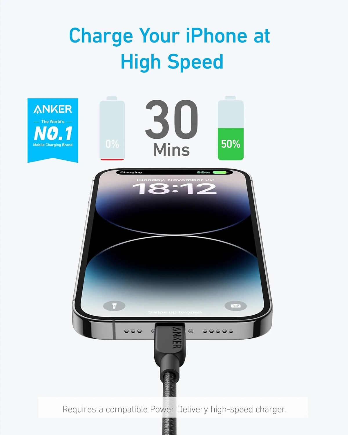 Фото Кабель Anker 310 USB C-Lightning, сертифицированный MFi, для iPhone 14, 13 серии, кабель для быстрой зарядки A81A5 A81A6 №5