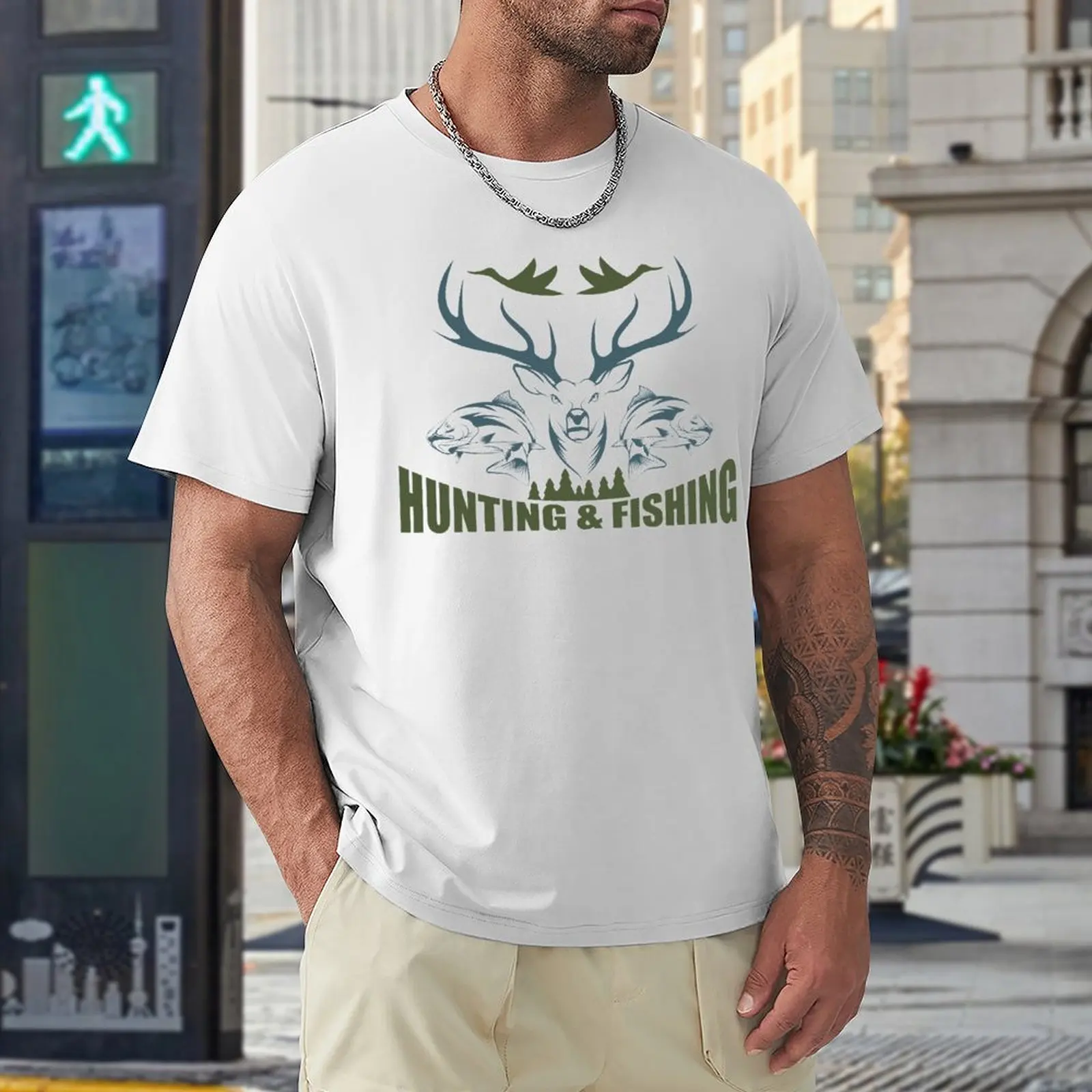 

Tshirt Hunting And Fishing in Vintage Emblem Design Antler Horns Mallard Pine Tree (4) Classic Activity Competition USA Size
