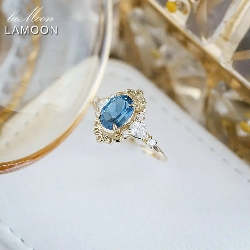 Фото Винтажное роскошное кольцо LAMOON с синим топазом для женщин, элегантное кольцо из стерлингового серебра 925 пробы, позолоченное 14 карат, ювелирное изделие, подарок №1