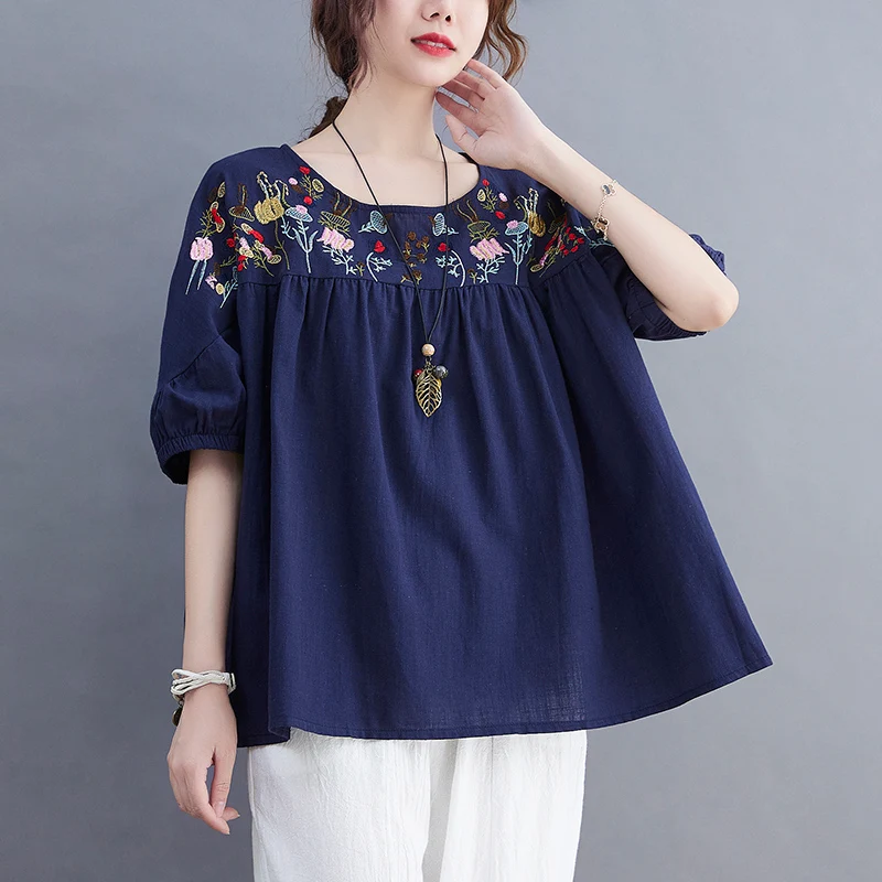 

2022 Summer New Loose Embroidered Cotton Linen Shirt Women's Versatile Top