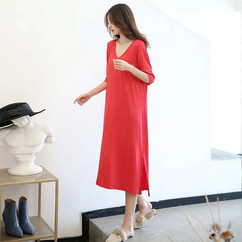Sexy Pajamas For Women For Spring/Summer, Mid-Sleeve Modal Nightdress, V-Neck Thin Oversized Loungewear Can Be Worn Outside