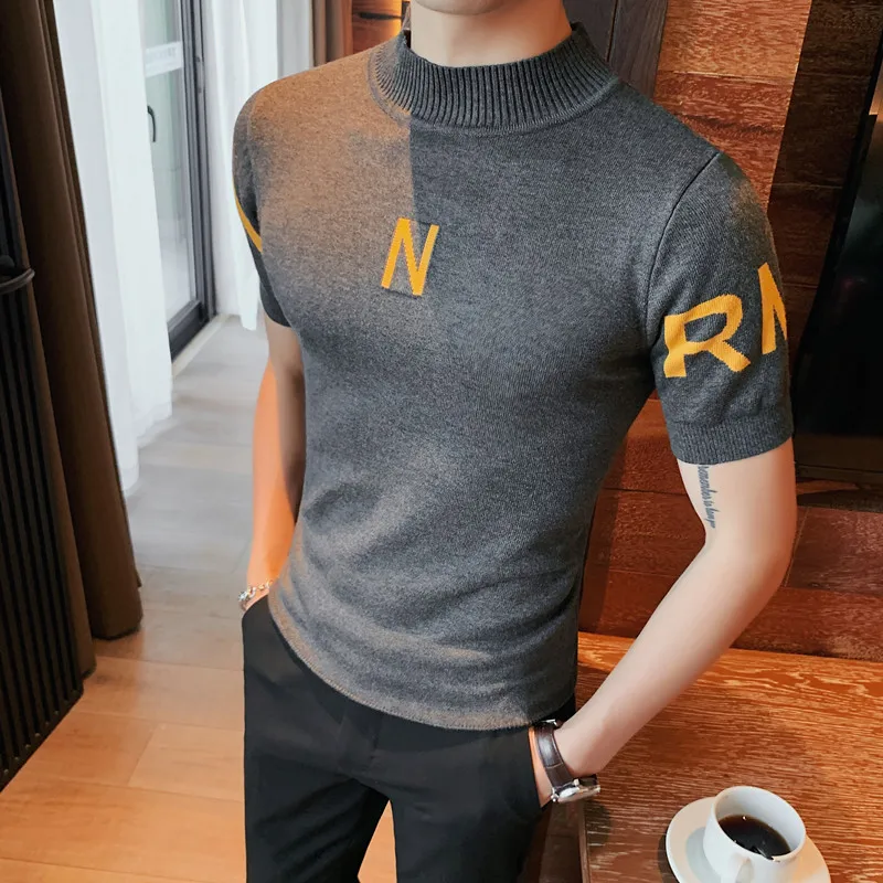 

Korean Knitted T-shirt for Men's Summer Short Sleeve O-neck Tops Tees Casual Slim Business Social T Shirts Pullover Men Clothing