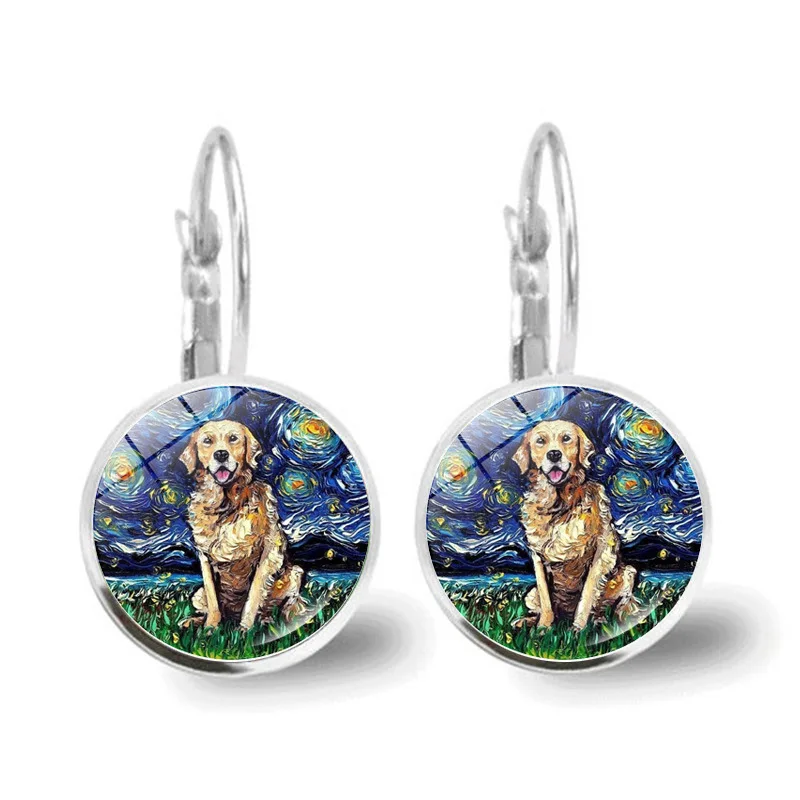Popular Jewelry Glass Pendant Alloy Earrings Van Gogh The Starry Night Oil Painting Lovely Dogs Under Sky |