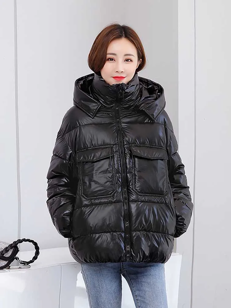 New Design Women Winter Coat Two Big Pockets Stand Collar Cool Female Outwar Parka Solid Shining Fabric Navy Blue Green Coat