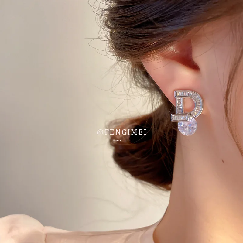 

925 Silver Needle Zircon Letter Earrings Fashion Temperament Earrings Simple and Versatile New Jewelry Earrings for Women