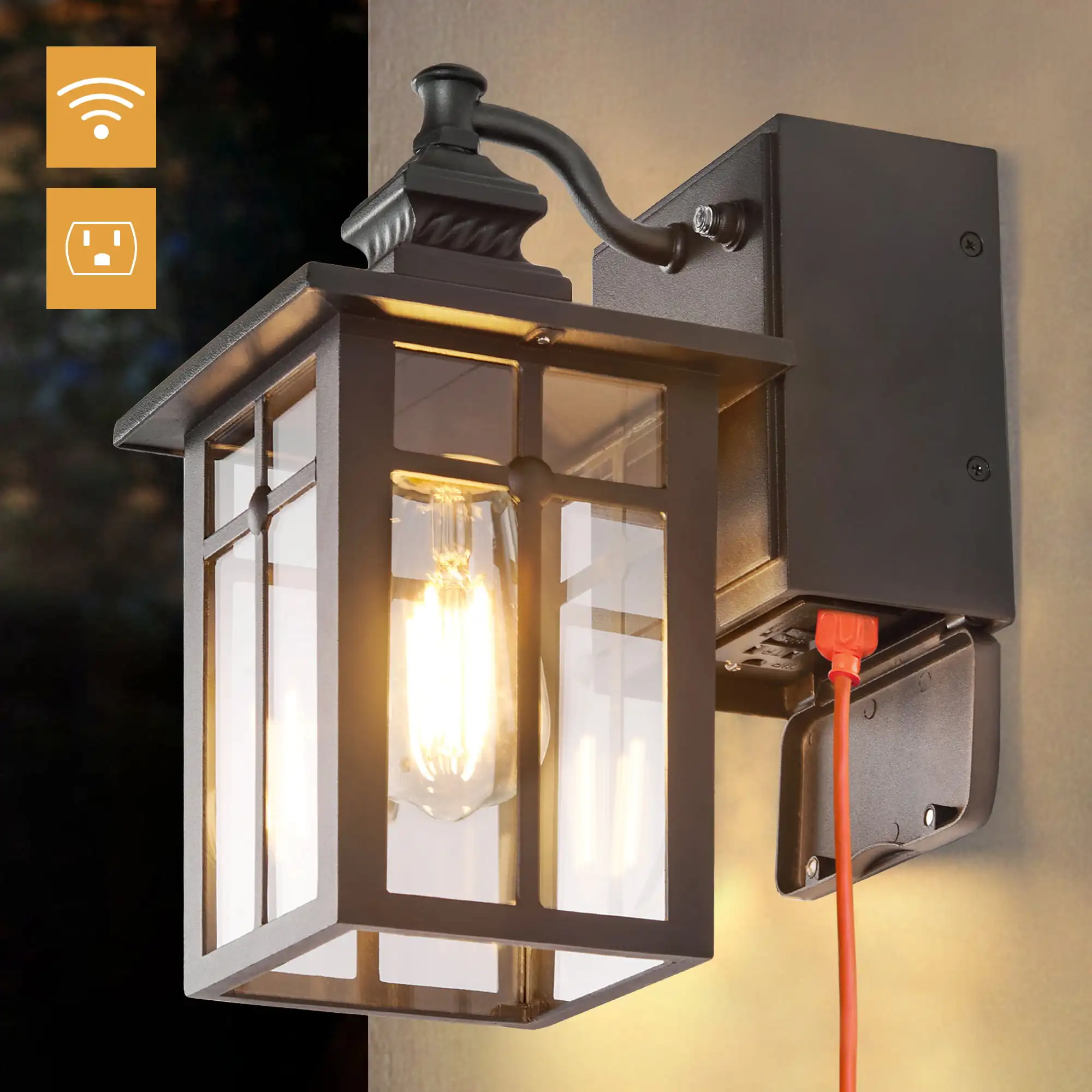 

Dusk to Dawn Sensor Porch Lights Outdoor Wall Lantern with GFCI Outlet, Waterproof Outdoor Light Fixture, Anti-Rust Exterior Sco