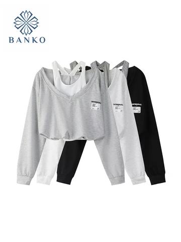 Korean Fashion Women Fake Two Pieces Strapless Crop Top Preppy Style Blouse Harajuku Hoodie Loose Casual Pullovers Streetwear