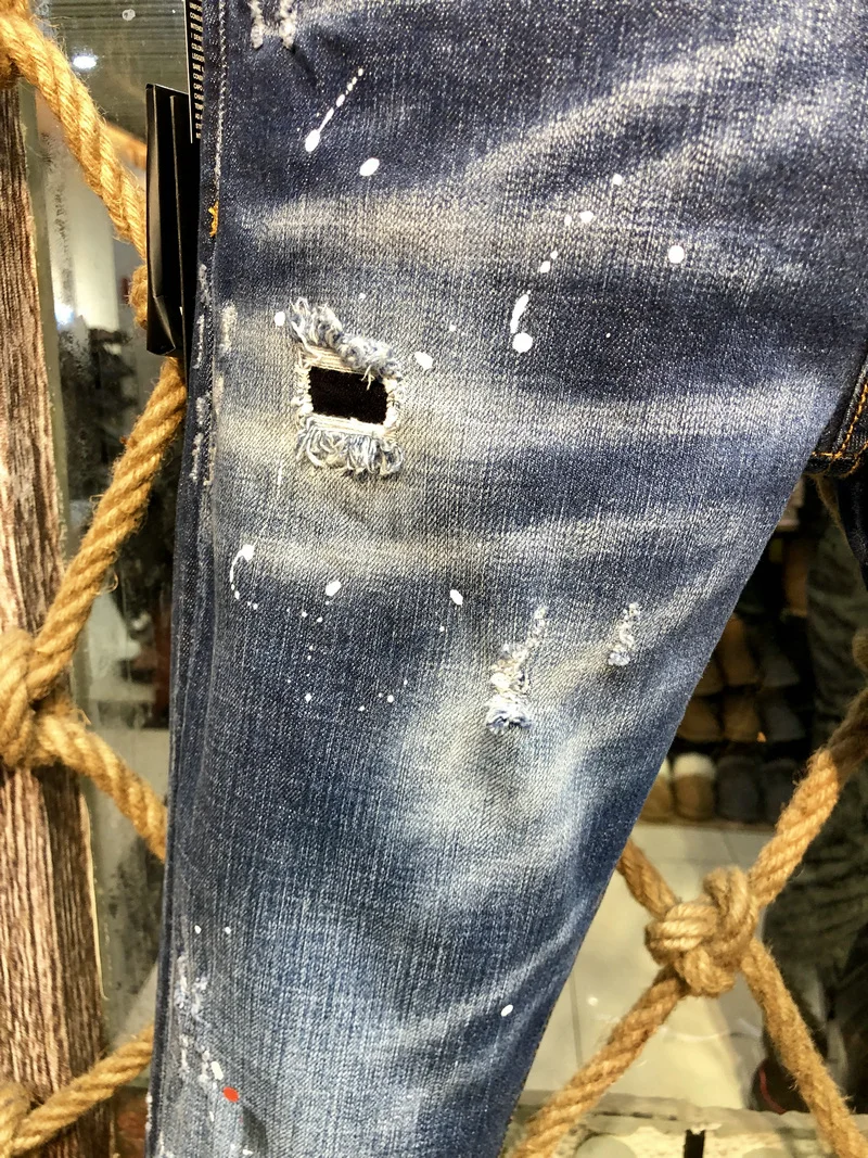 New DSQUARED2 Men's/Women Fashion Slim-Fit Ripped Patch Jeans, Paint Ripped Ink Micro-Elastic Blue Pants 9602