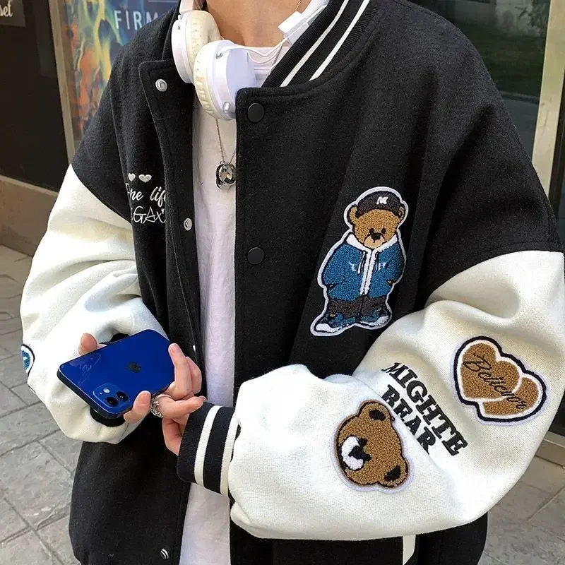 

American Retro Men Jacket Japan Soild Color Bear Embroidery Streetwear Loose Casual Sports Baseball Uniform Preppy Hip Hop Coat