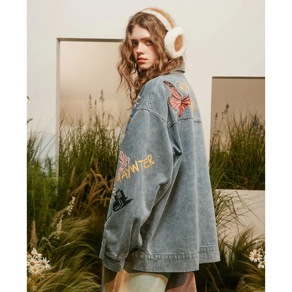 Женские свободные повседневные ковбойские куртки с принтом граффити