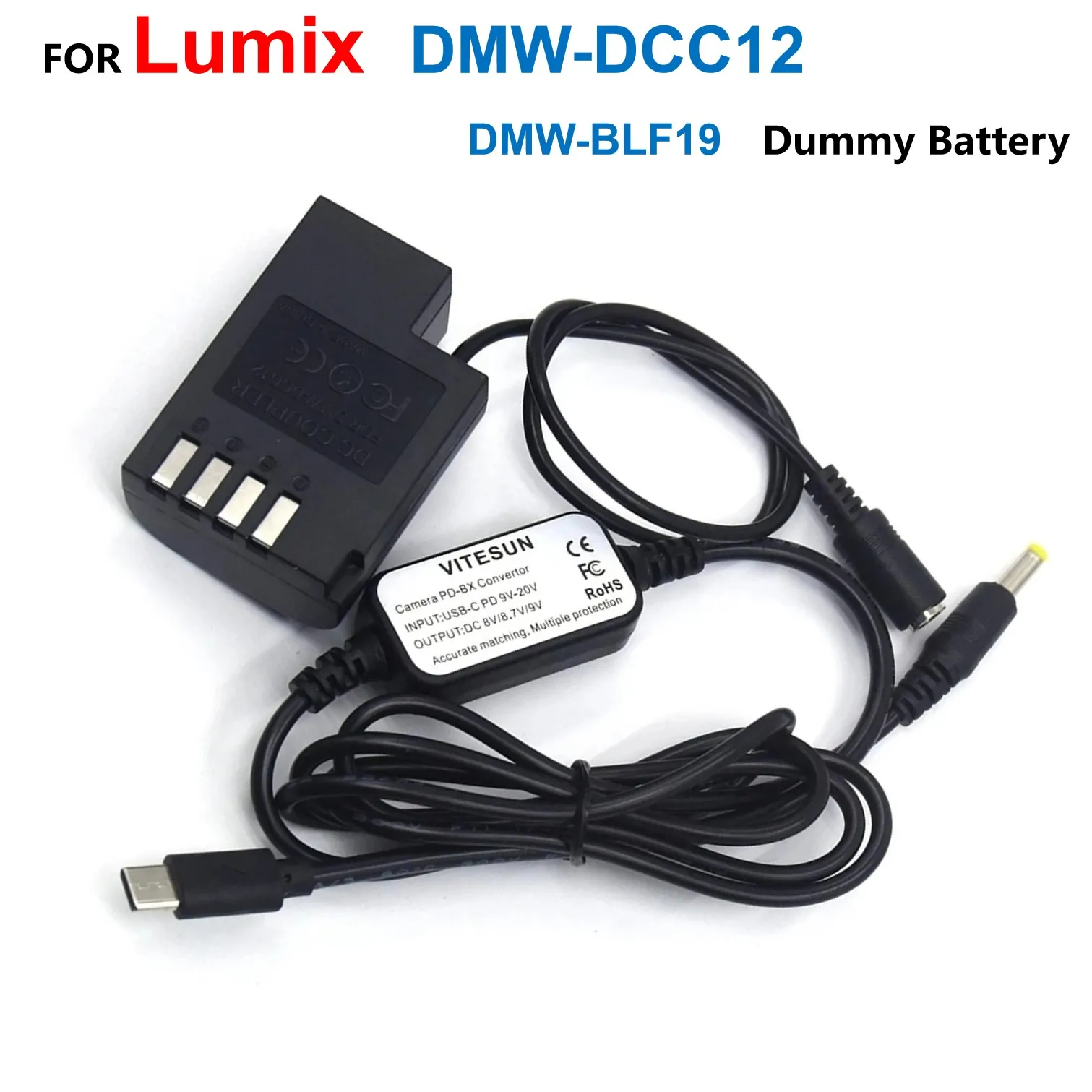 

DCC12 Coupler DMW-BLF19 BLF19E BLF19PP Fake Battery + USB Type C USB-PD Converter To DC Cable For Lumix DMC-GH3 DMC GH3 GH4 GH9