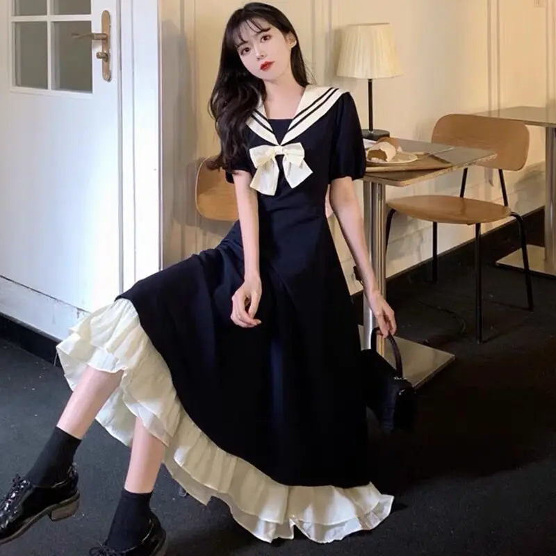 

Lady Girl JK Lolita Long Dress College Style Fairy Sailor Drape Tie Victorian Dress Sweet Hight Street Ruffle Medieval Vestidos