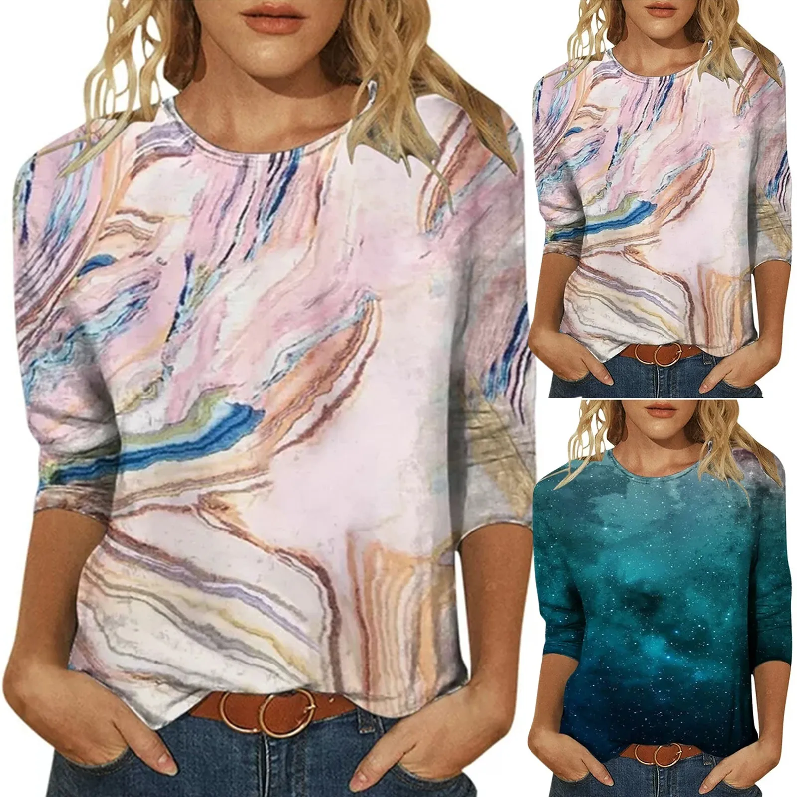 

T Shirts For Women Summer Tops For Women 2023 Women's Round Neck 3/4 Sleeve Casual Floral Womens Cotton Long Sleeve T Shirt