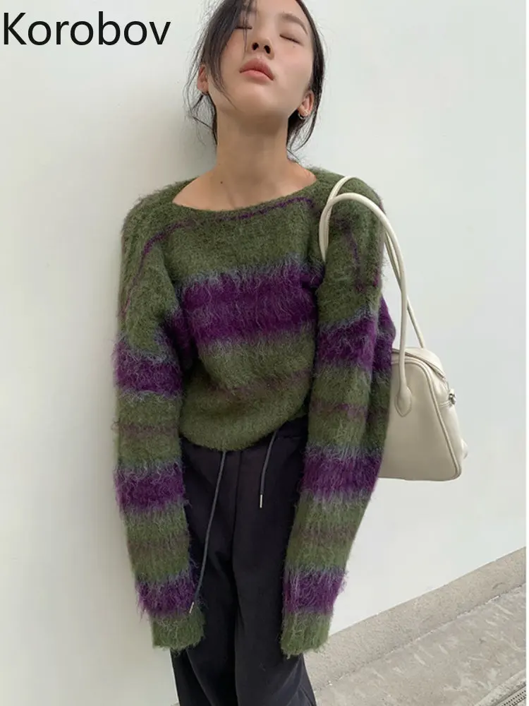 

Korobov y2k clothes New Knitted Top Korean Fashion Stripe Contrasting Colors Lazy Pullover Mohair Long Sleeve Pull Femme Sweater