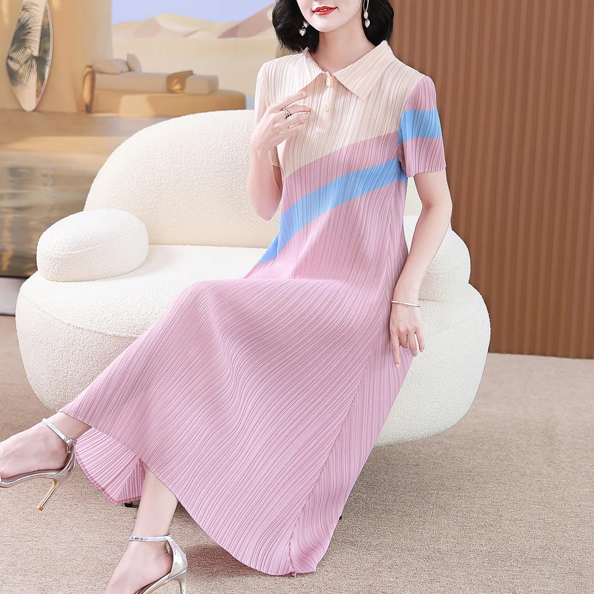 

Miyake Pleated Temperament Long Dress Women's Summer Mom Dress Short Sleeve 2023 New High-End Loose plus Size Plump Girls dress