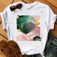 2022 summer fashion womens clothing geometric hexagons in pink and green print tshirt femme tumblr clothes white t shirt female