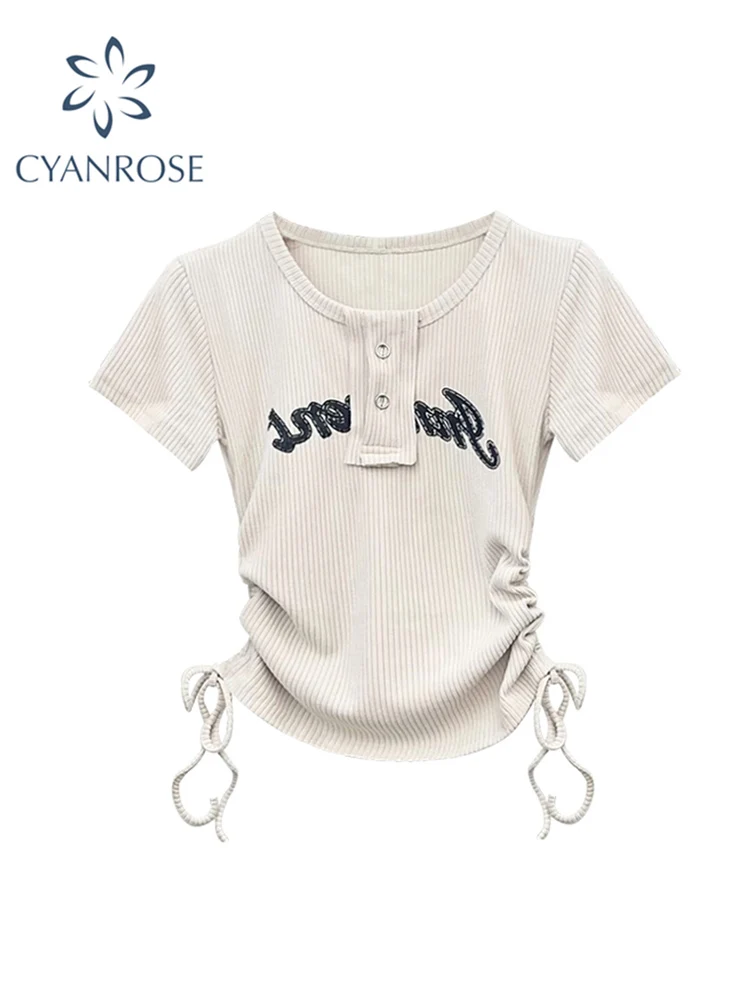 

Knitted Women T-shirt Y2k Tees Girl Cute Sexy Streetwear Short Sleeve O-neck Letter Printed Cropped Tops Ladies Casual Clothing