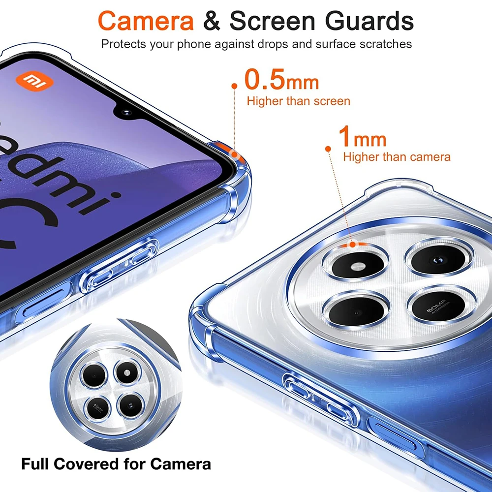 Противоударный чехол для Xiaomi Redmi 14C 13C 13 12C 12 11A 10 10A 10C 4G 5G Прозрачный ультратонкий