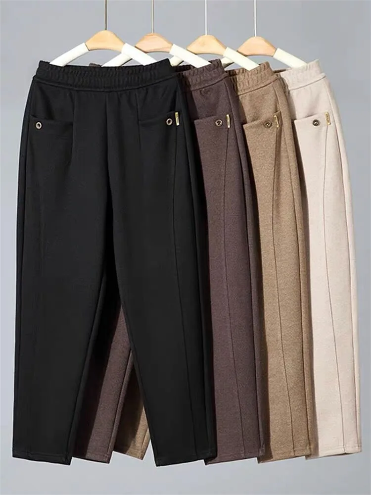 

Женские шерстяные шаровары, осенне-зимние брюки до щиколотки с эластичным поясом, женские свободные прямые брюки, женские спортивные брюки, брюки