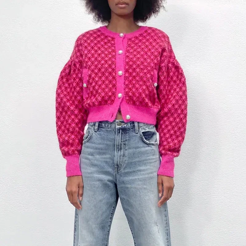 

Women's Sweater Pearl Buttons Cardigan Knitted Top Cropped Long Sleeve Sweater Patchwork Pocket Knitwear Woman Chic Sweater trf