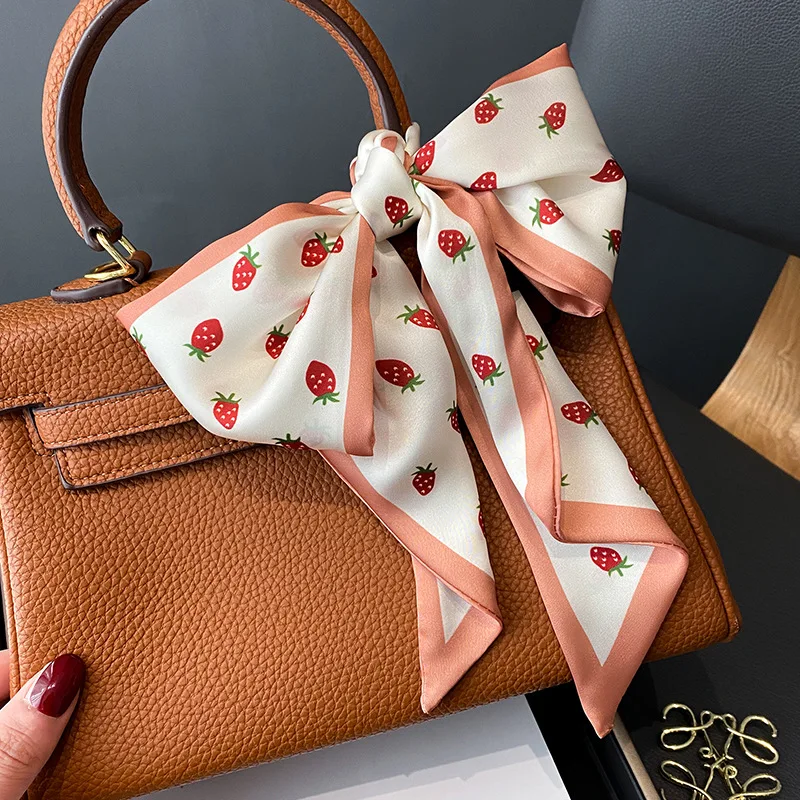 

35 Designs Fashion Brand Women Lovely Strawberry Floral Silk Scarf Girls Print Soft Headband Office Lady Bag Long Shawl 100*10Cm