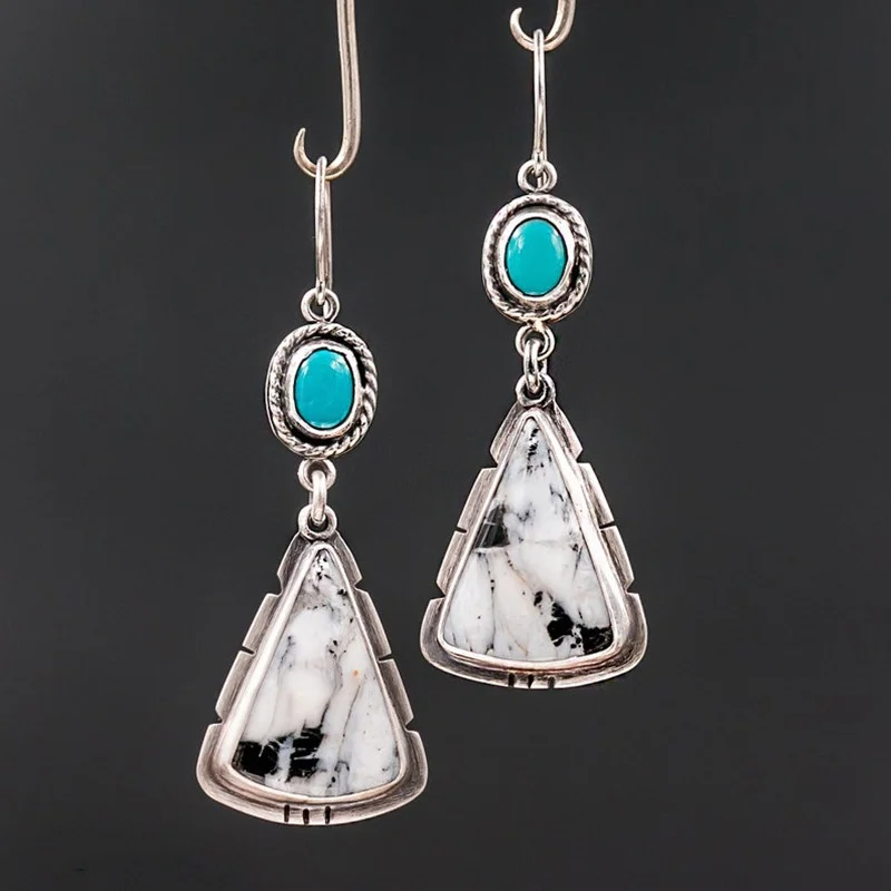 

Vintage Triangle Metal Inlaid White Pattern Earrings Women's Water Drop Dangle Earrings