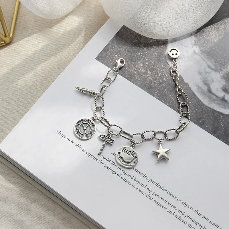 Тяжелые браслеты из серебра 925 пробы женский браслет с амулетами на удачу