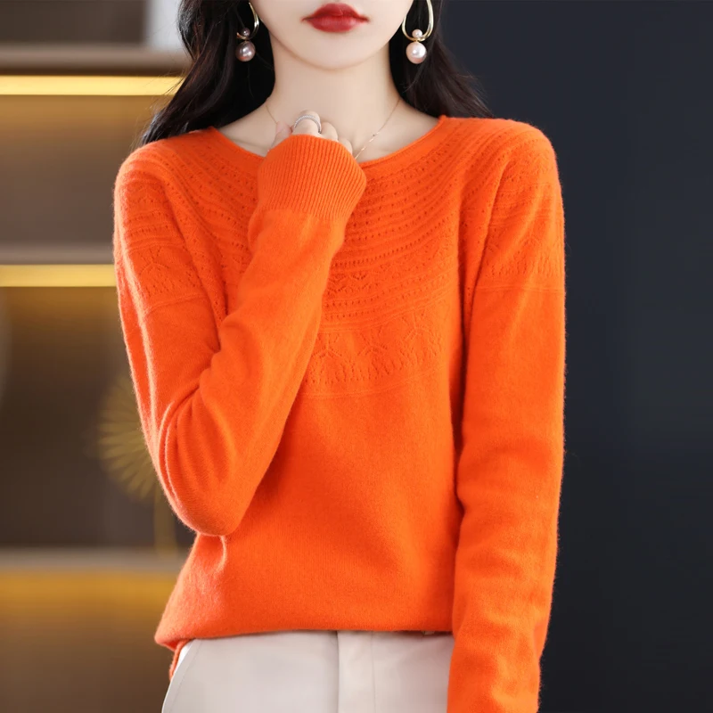 

Spring / Autumn New Seamless One-Line Ready-To Wear Women's Pullover 100% Wool Round Neck Upper Body Hollow Sweater Soft Top