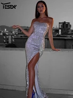 yesexy sexy strapless silver sequins high split women maxi dresses off the shoulder solid color women party dresses vestido robe