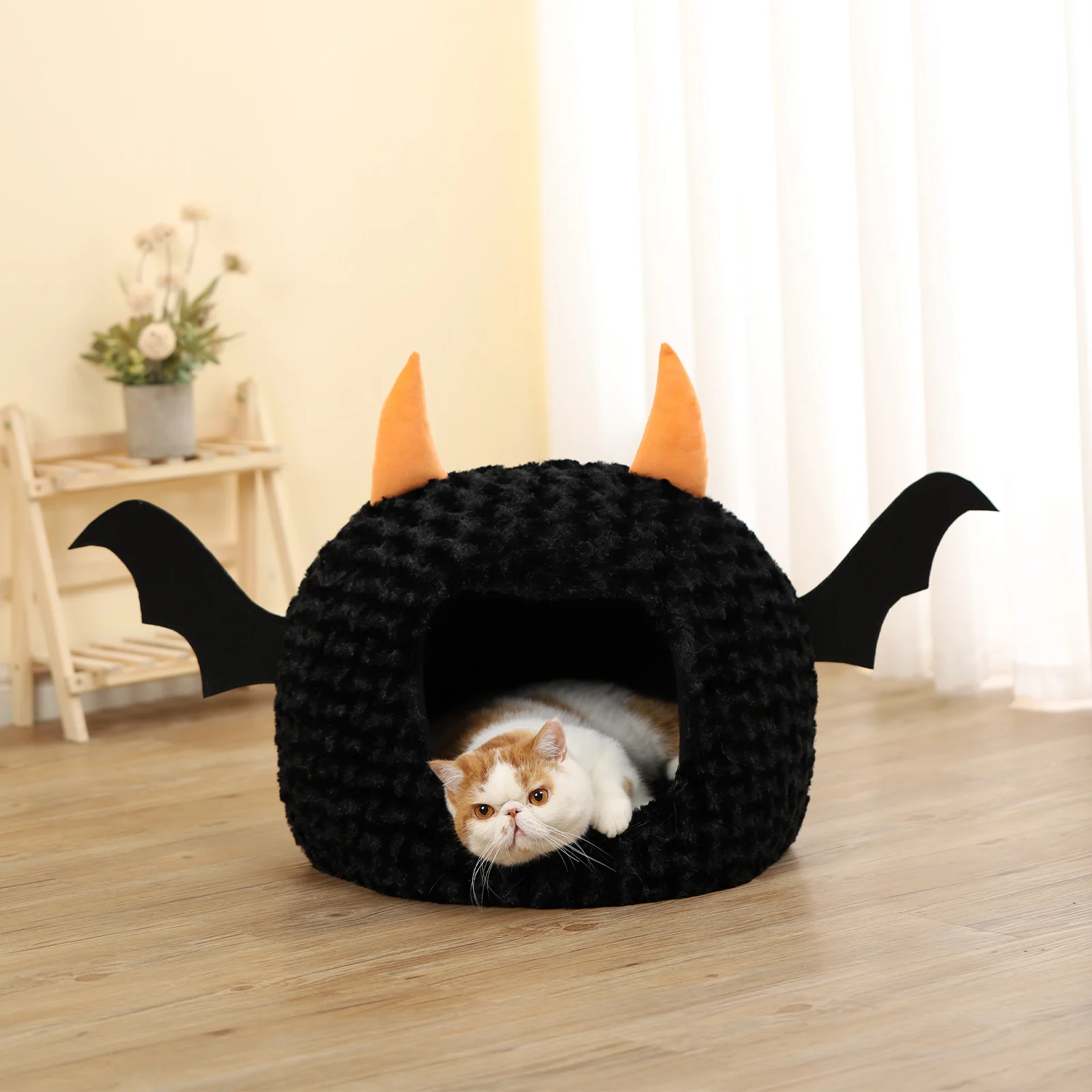 

Домик для кошки в форме маленького дьявола, домик для домашнего питомца, короткая плюшевая полностью закрытая теплая спальная кровать, доми...