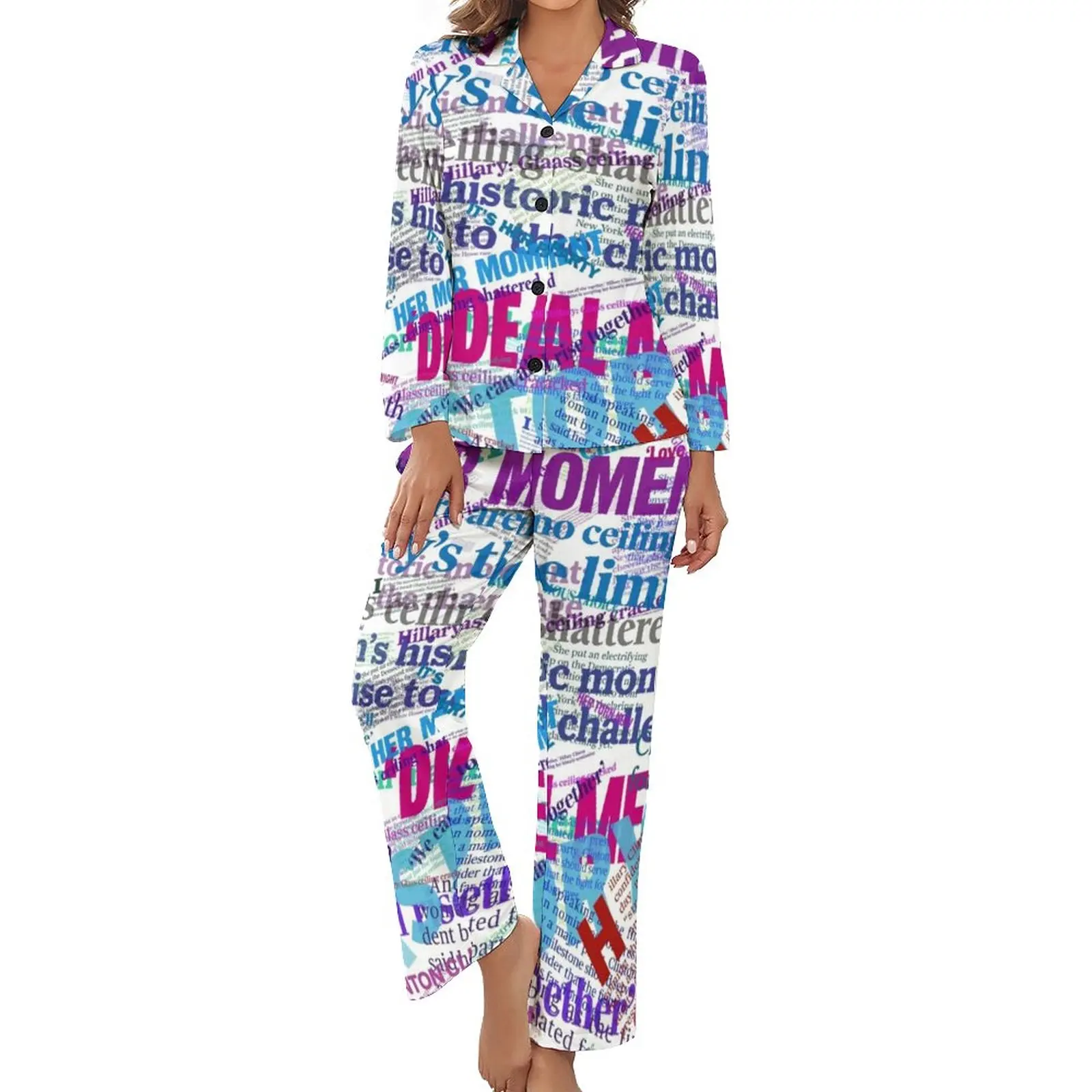 

Newspaper Print Pajamas Lady Nomination Headline Collage Retro Nightwear Spring Long-Sleeve Two Piece Bedroom V Neck Pajama Sets